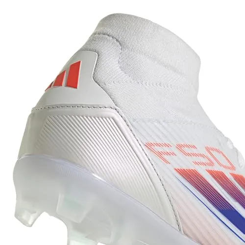 adidas Women's F50 League Mid Top Firm/Multi Ground Sneaker, White/Lucid Blue/Solar Red, 10.5