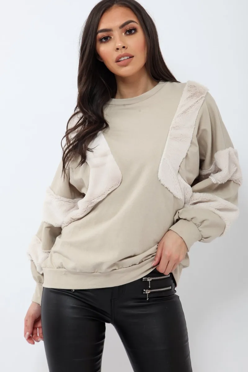 Beige Jumper with Fur on Front and Sleeves - Mercedes