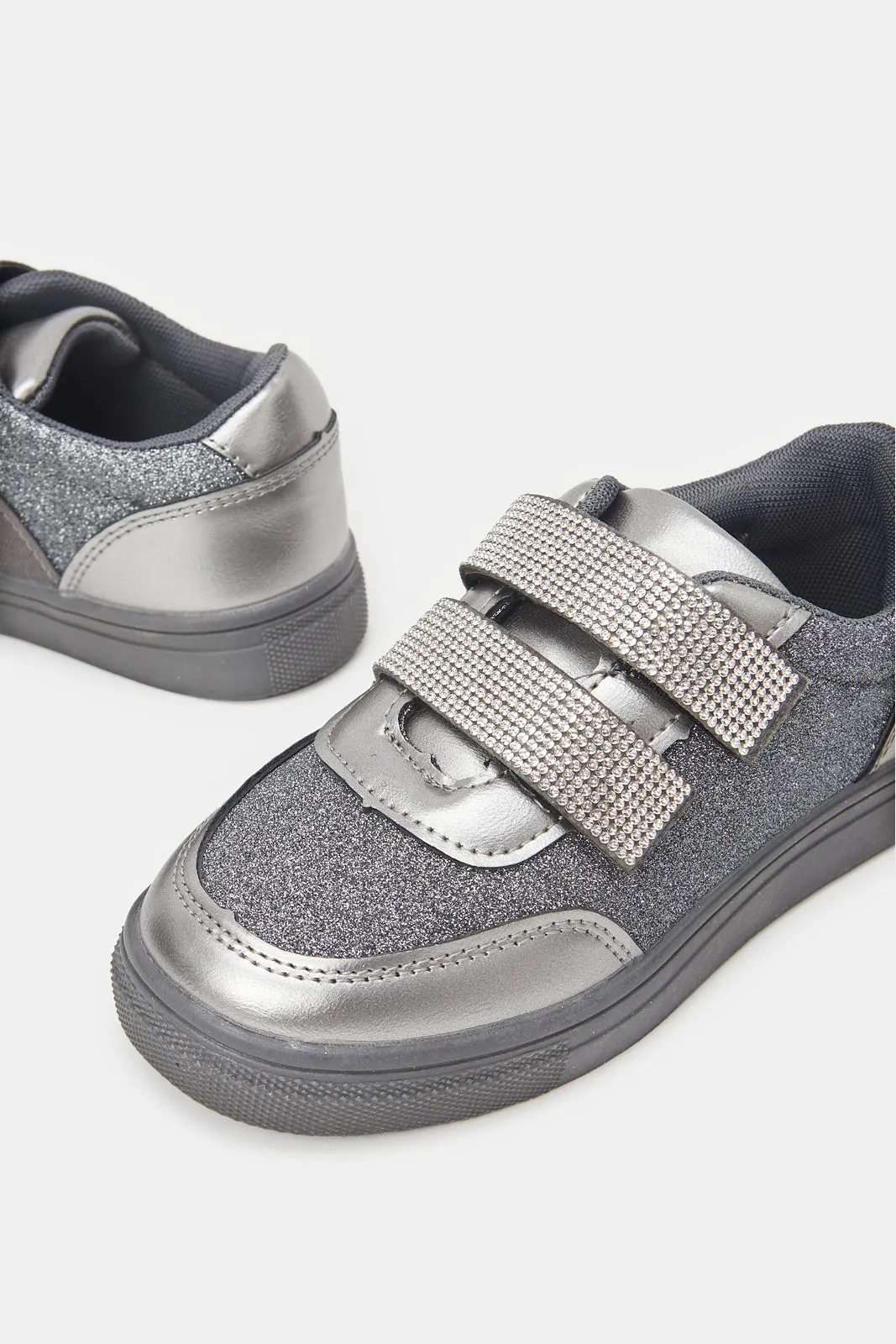 Girls Silver Diamante Velcro Sneaker