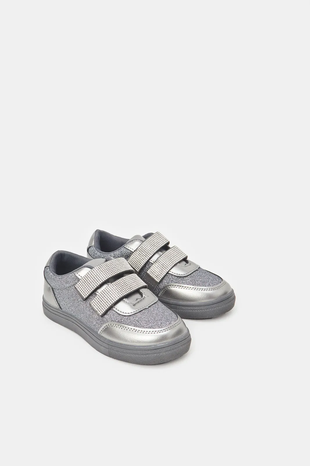 Girls Silver Diamante Velcro Sneaker