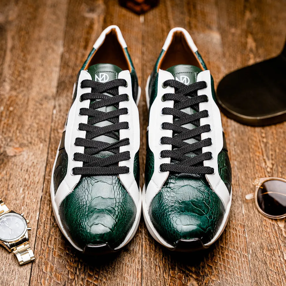 Marco Di Milano Lyon Men's Shoes Green & White Calf-Skin / Ostrich Casual Sneakers (MDM1071)