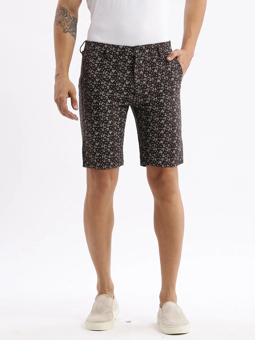 Men Graphic Brown Cotton Shorts