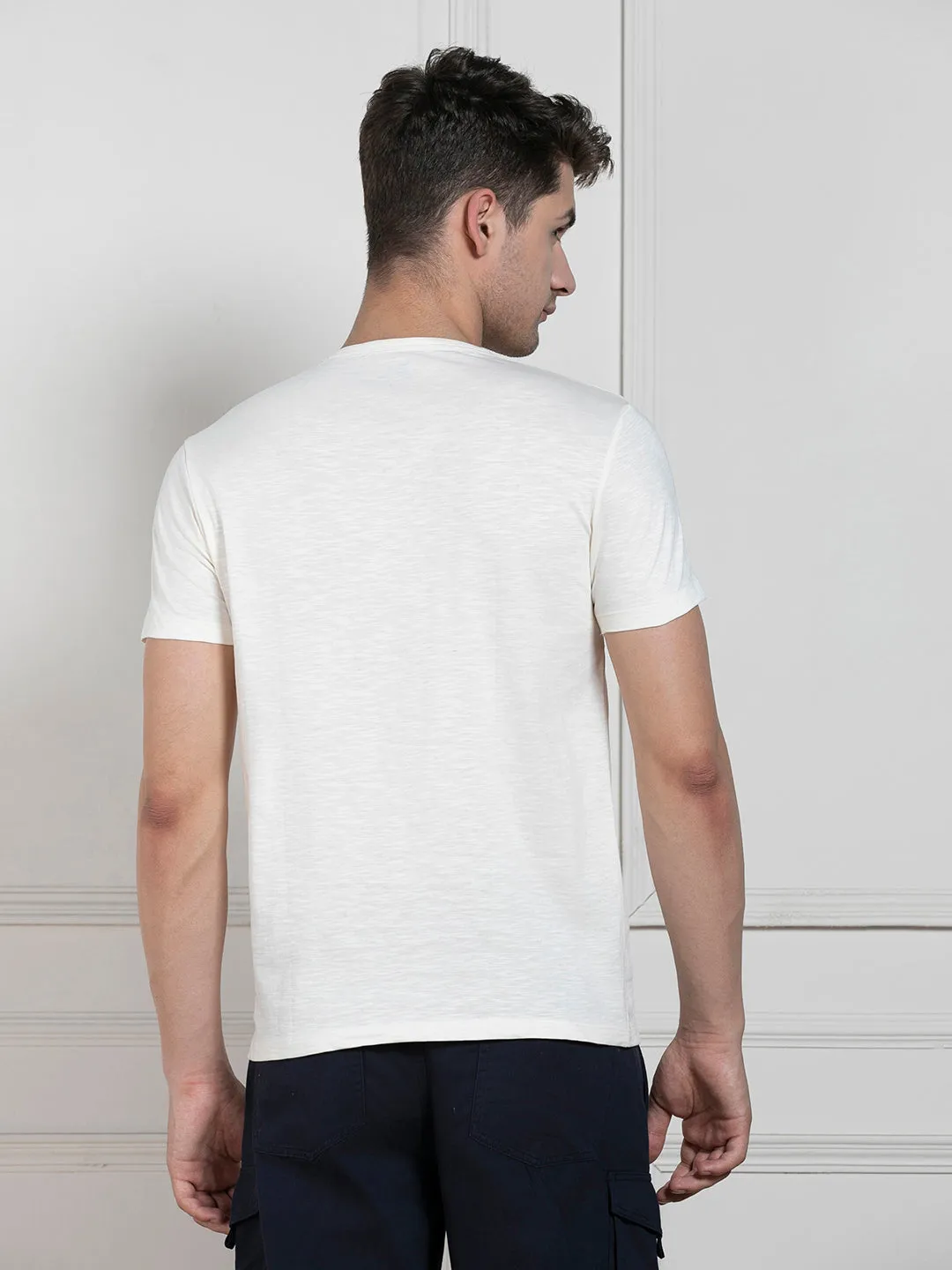 Men's Ecru Henley Neck Solid Regular Fit T-Shirt