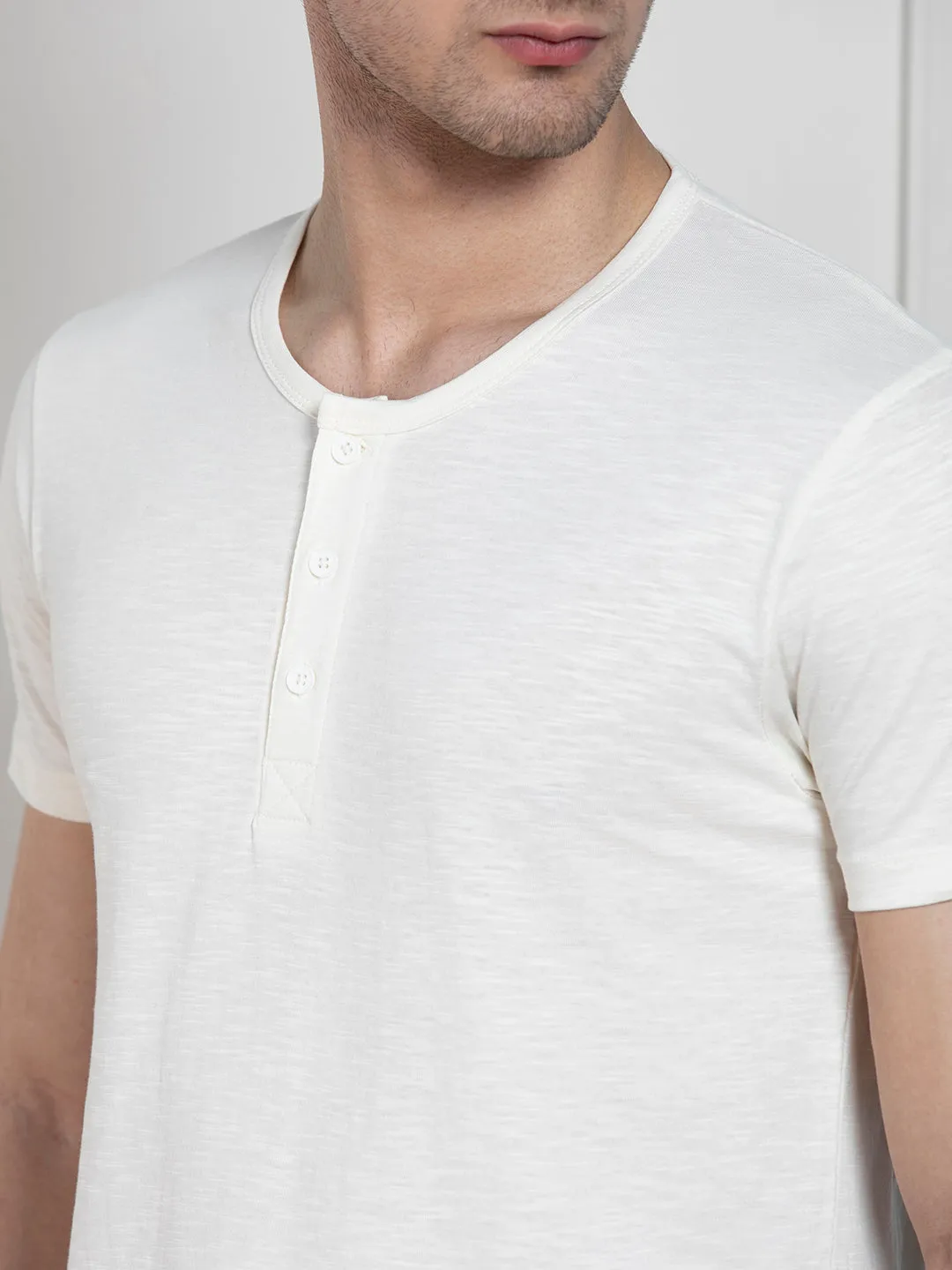 Men's Ecru Henley Neck Solid Regular Fit T-Shirt