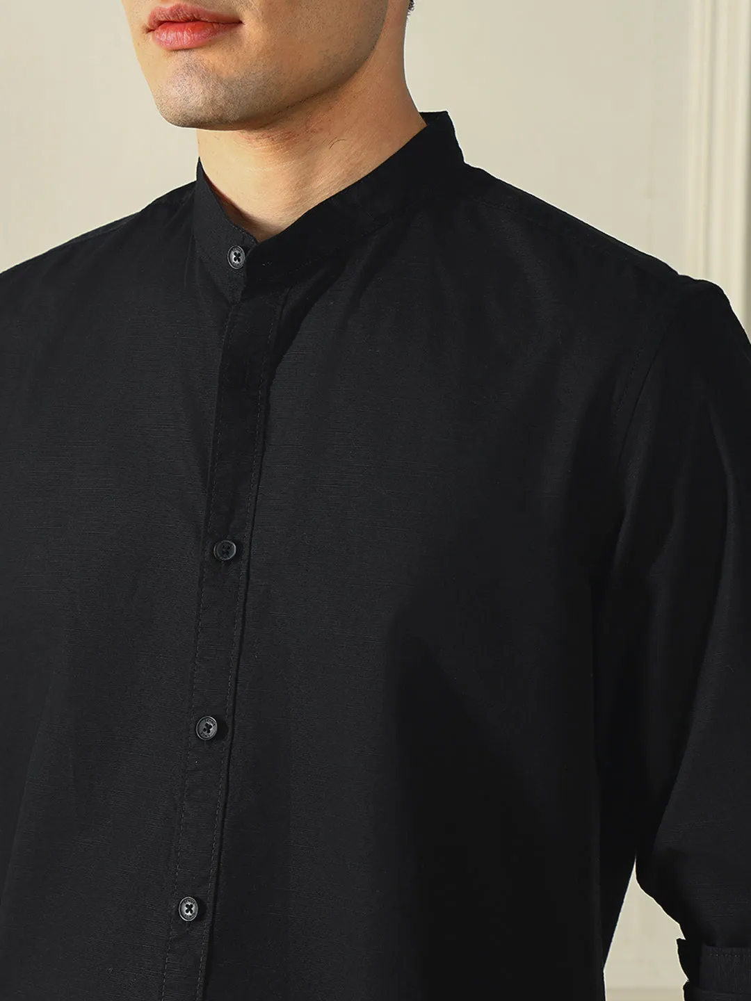 Men's Mandarin Collar Regular Fit Solid Black Casual Shirt