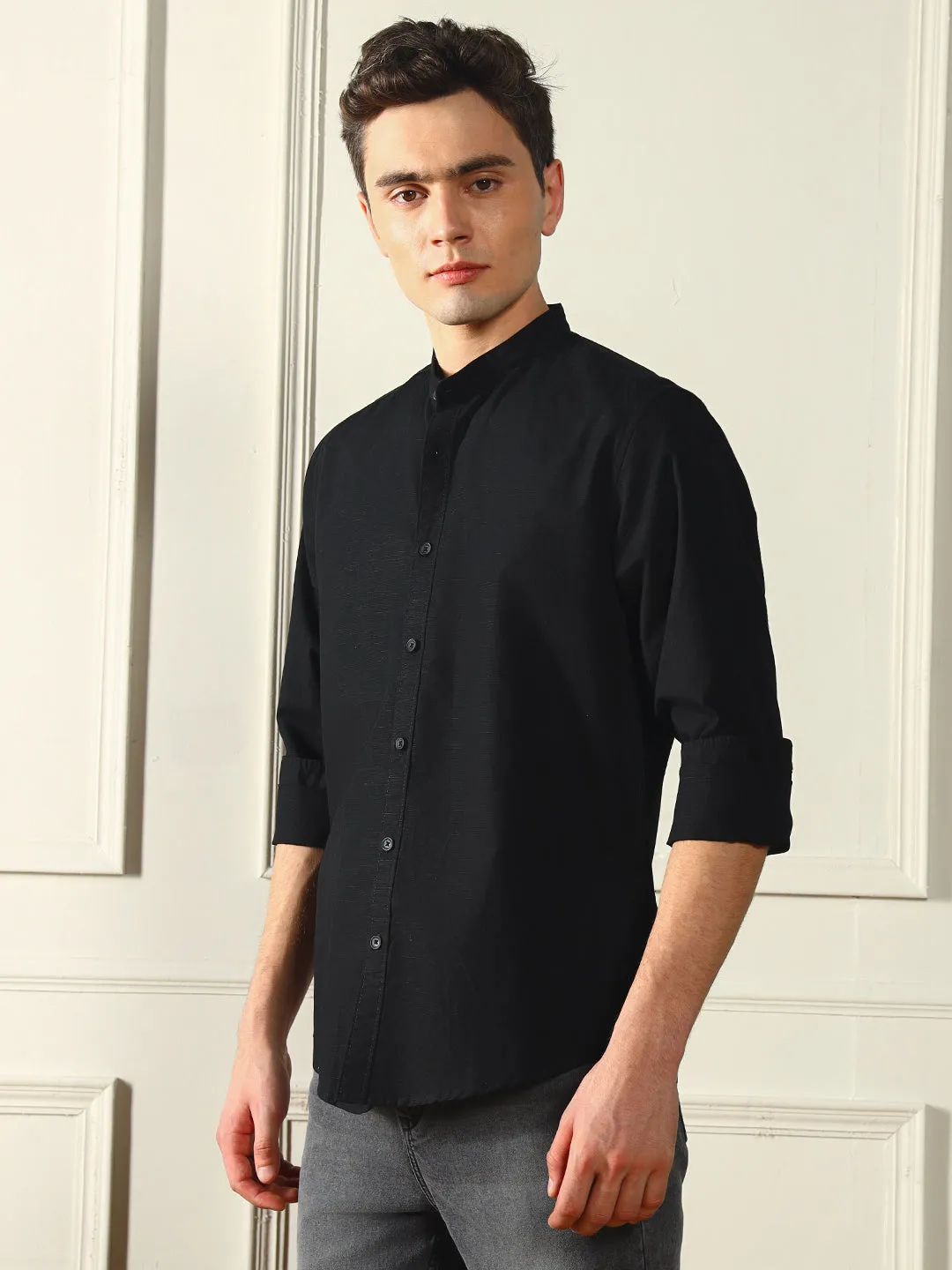 Men's Mandarin Collar Regular Fit Solid Black Casual Shirt