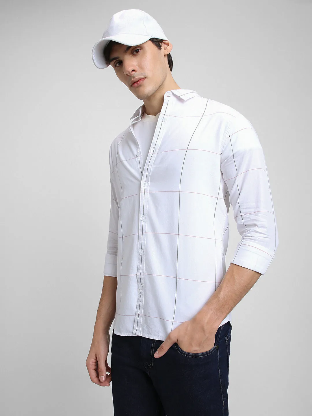 Men's Regular Collar Regular Fit Checks White Casual Shirts