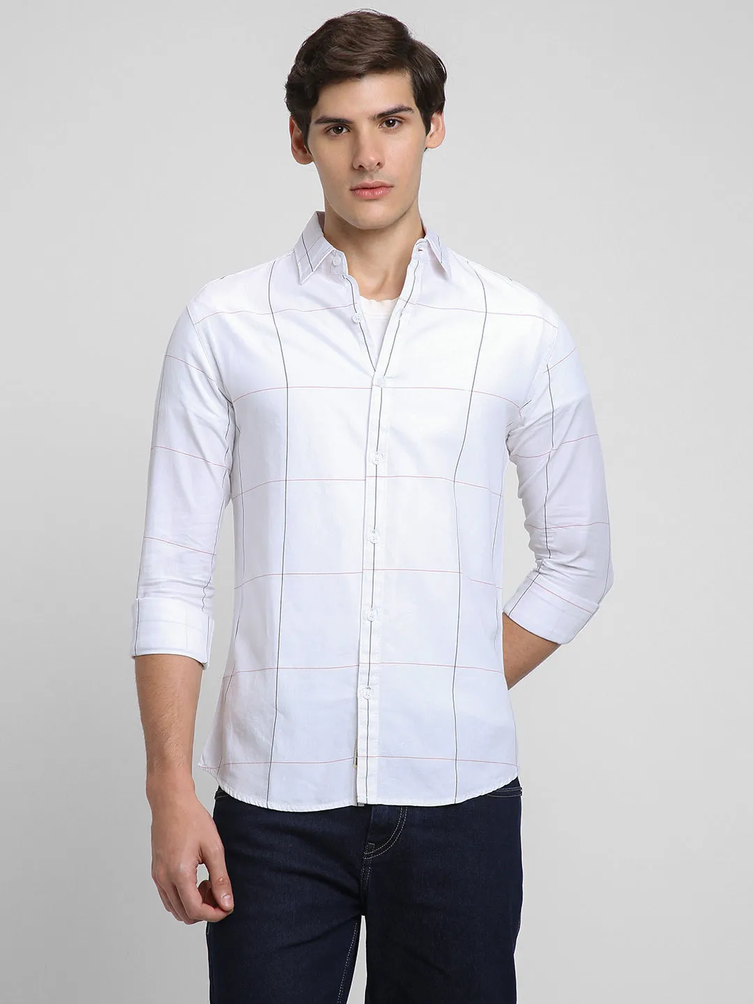 Men's Regular Collar Regular Fit Checks White Casual Shirts