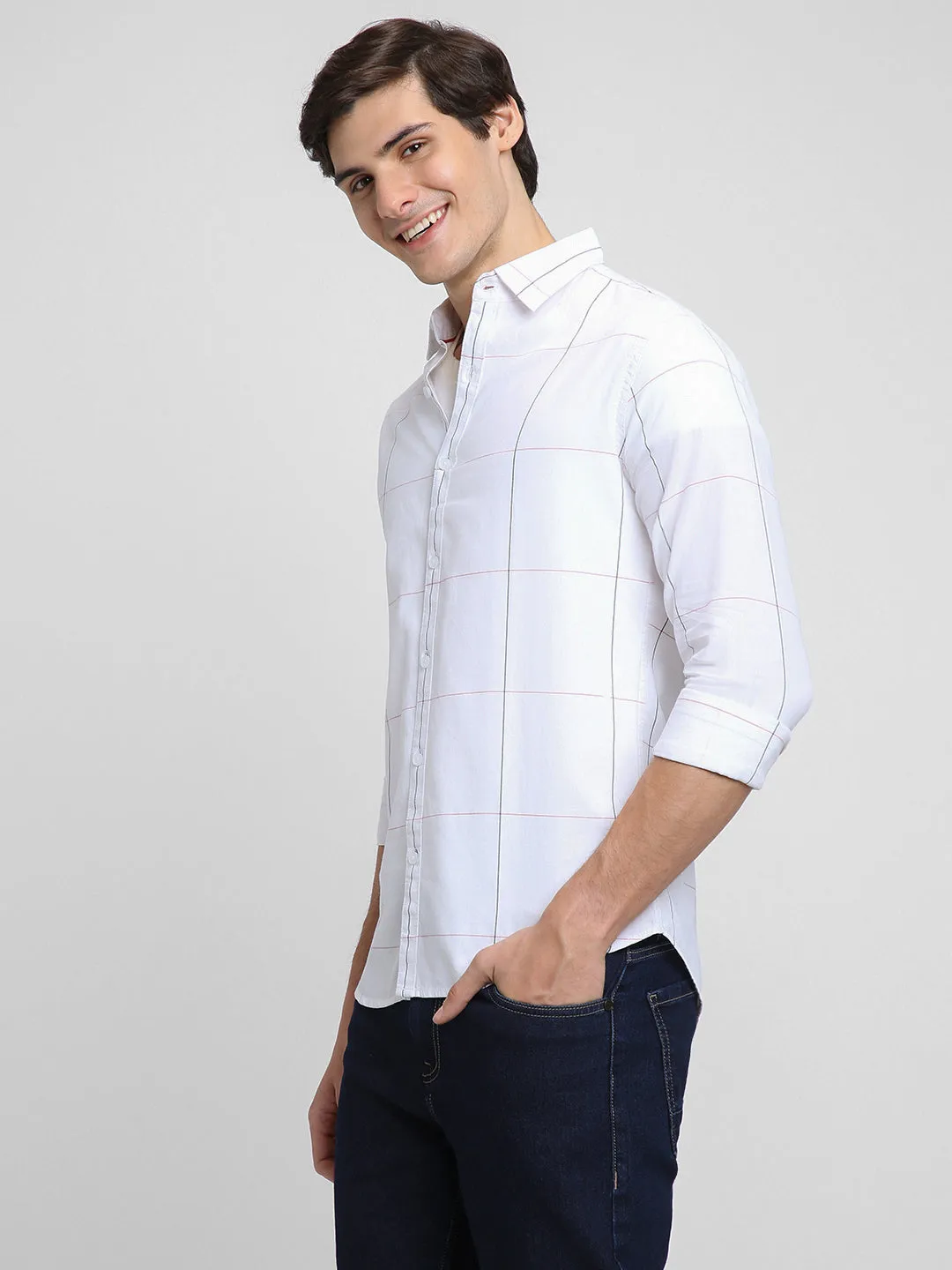 Men's Regular Collar Regular Fit Checks White Casual Shirts