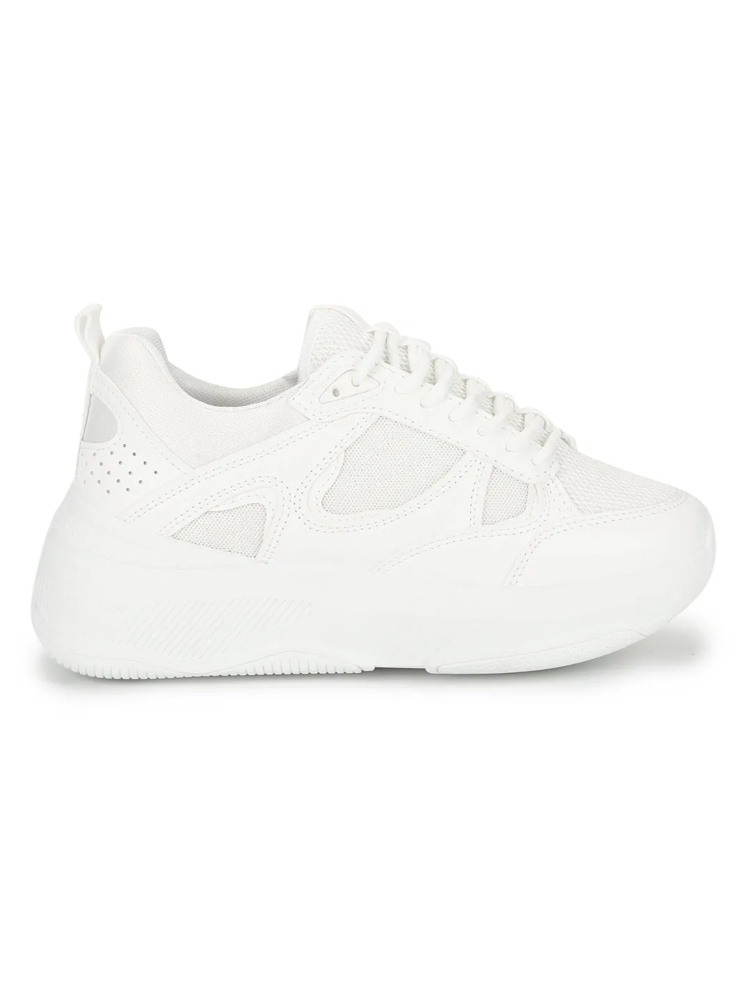 Total White PU Lace-Up Chunky Sneakers