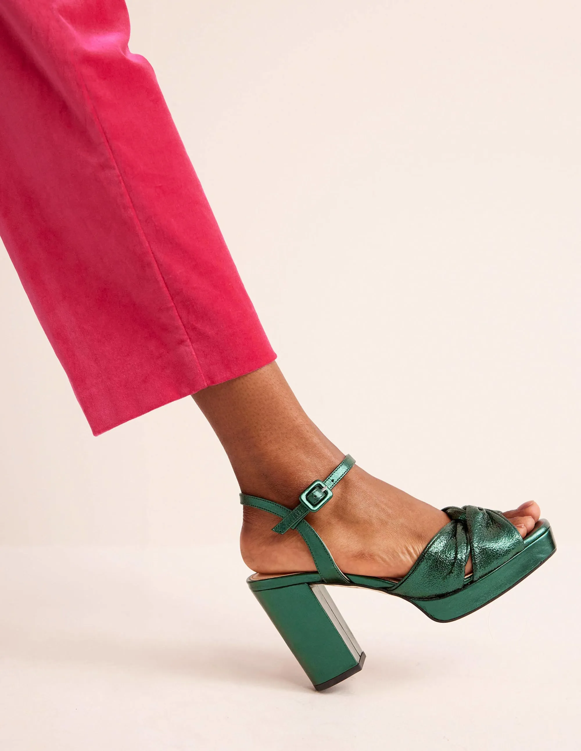 Twist-Front Heeled Platforms-Winter Green Metallic Leather