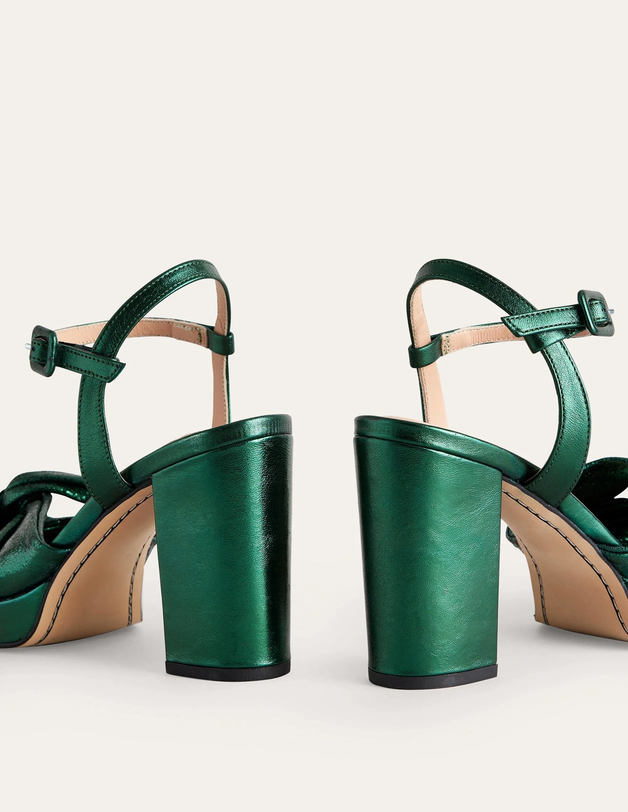 Twist-Front Heeled Platforms-Winter Green Metallic Leather