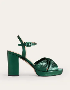 Twist-Front Heeled Platforms-Winter Green Metallic Leather