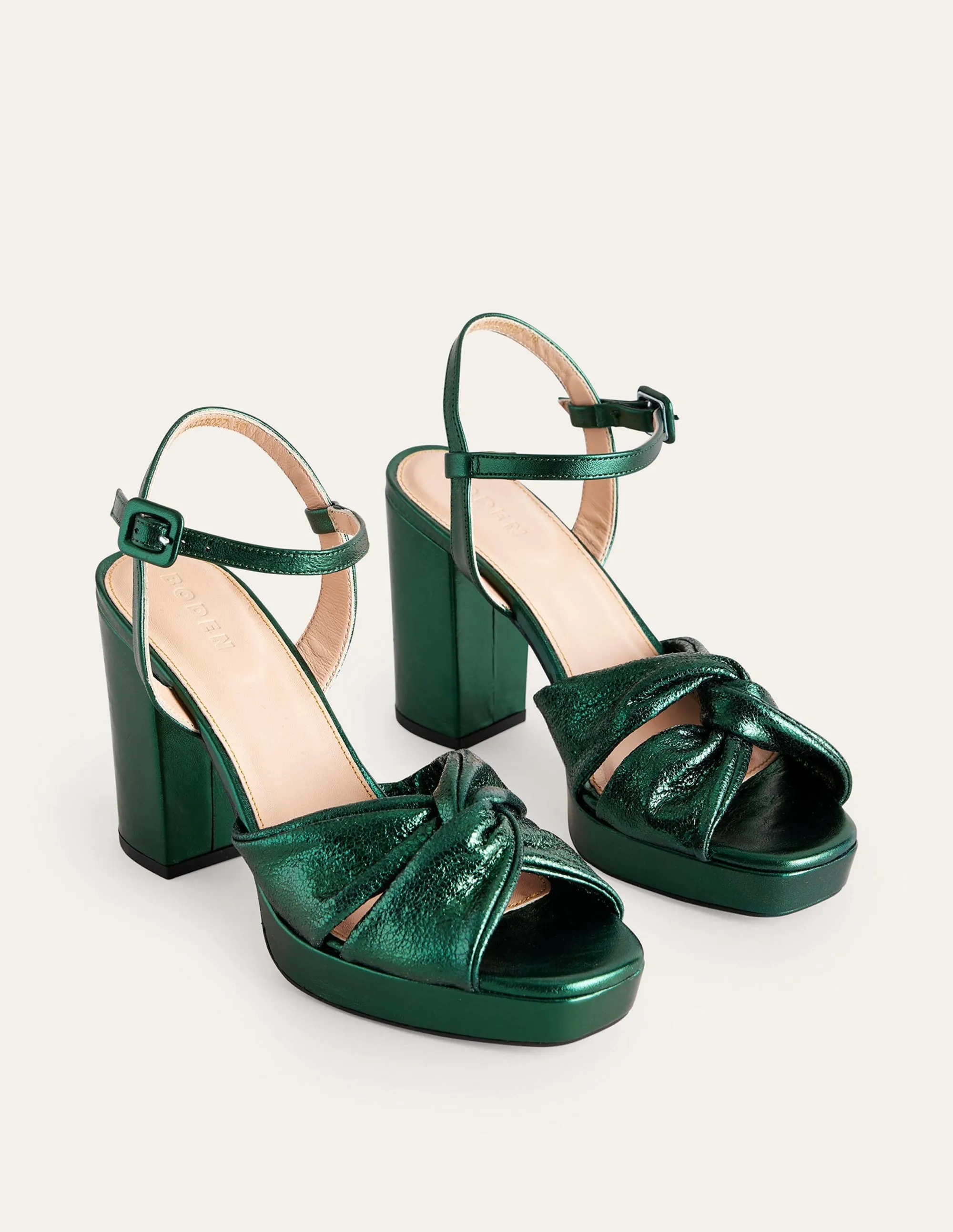 Twist-Front Heeled Platforms-Winter Green Metallic Leather